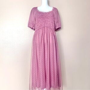 Deauville Pink Purple Polka Dot Smocked Ruffle Tulle Dress.
